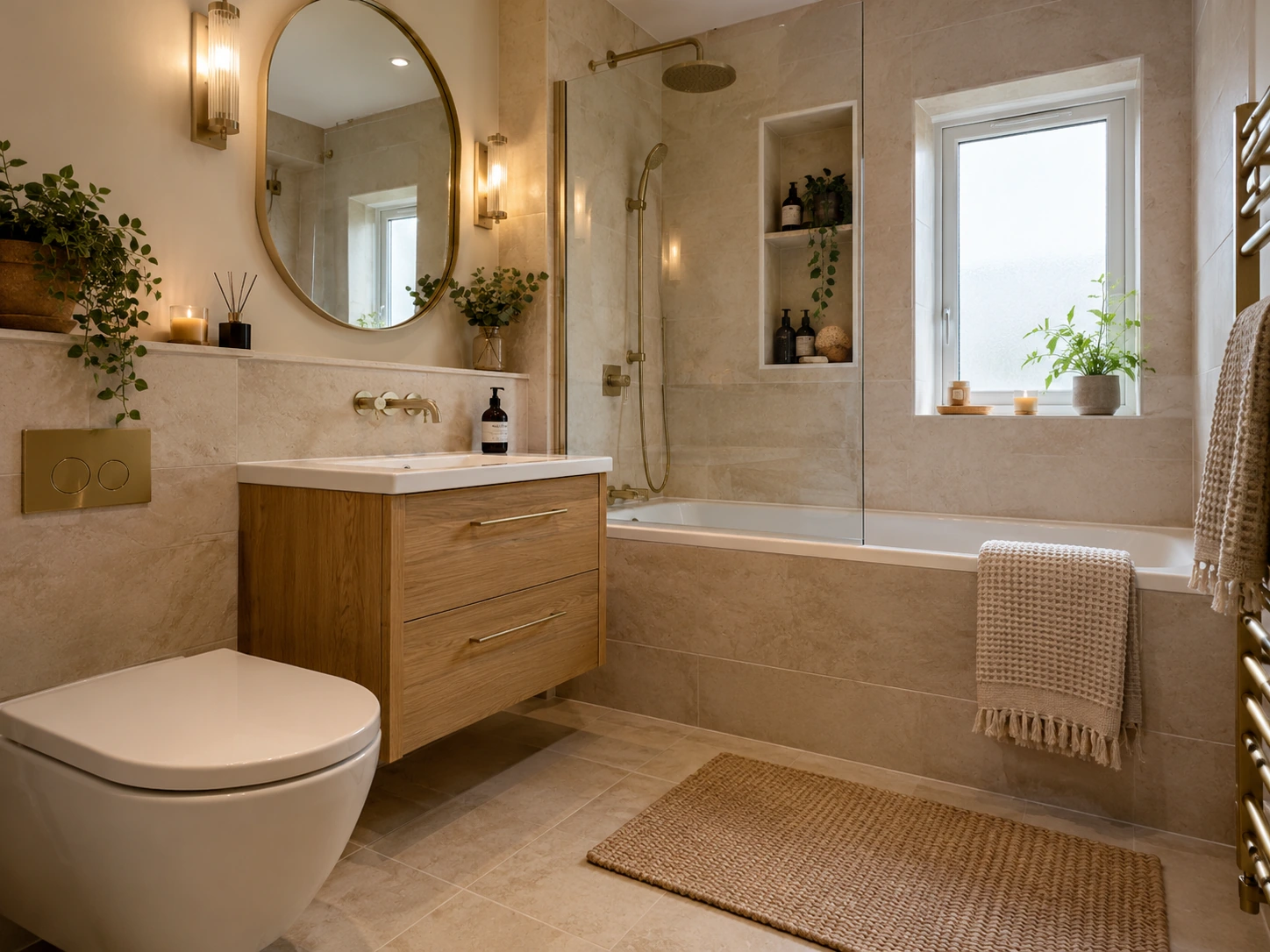 Warm stone family bathroom