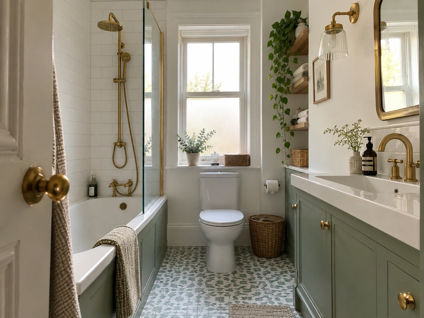 Bright sage and brass bathroom