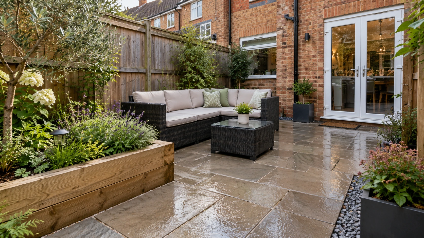 Rain-finished patio surface