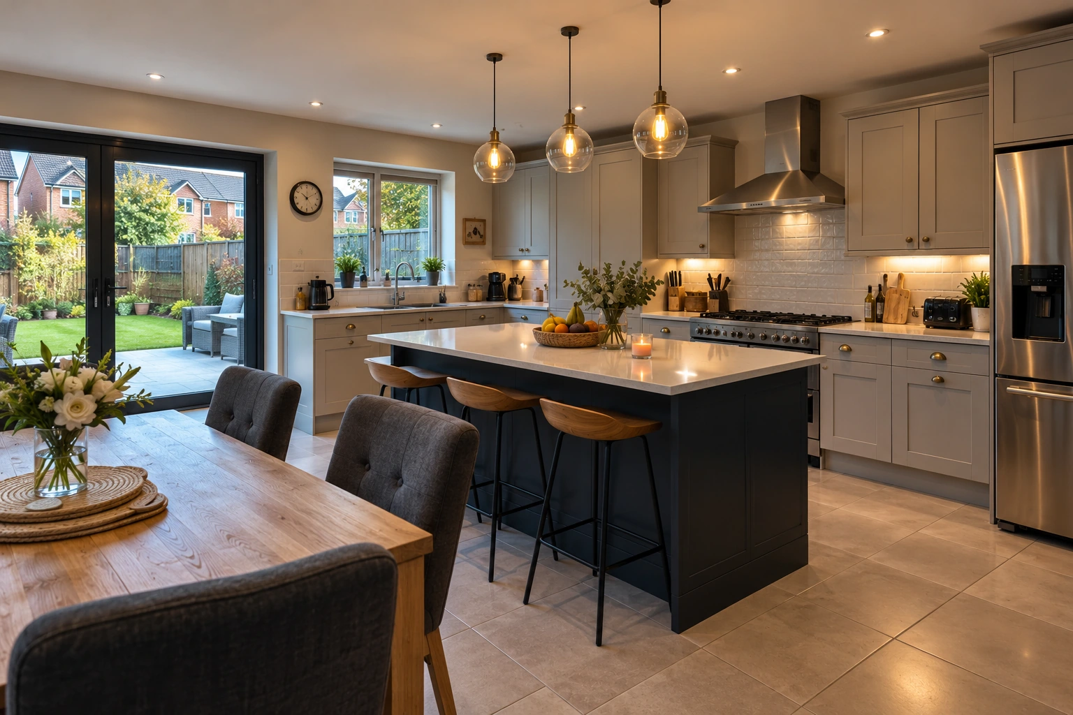 Grey Shaker kitchen and dining space