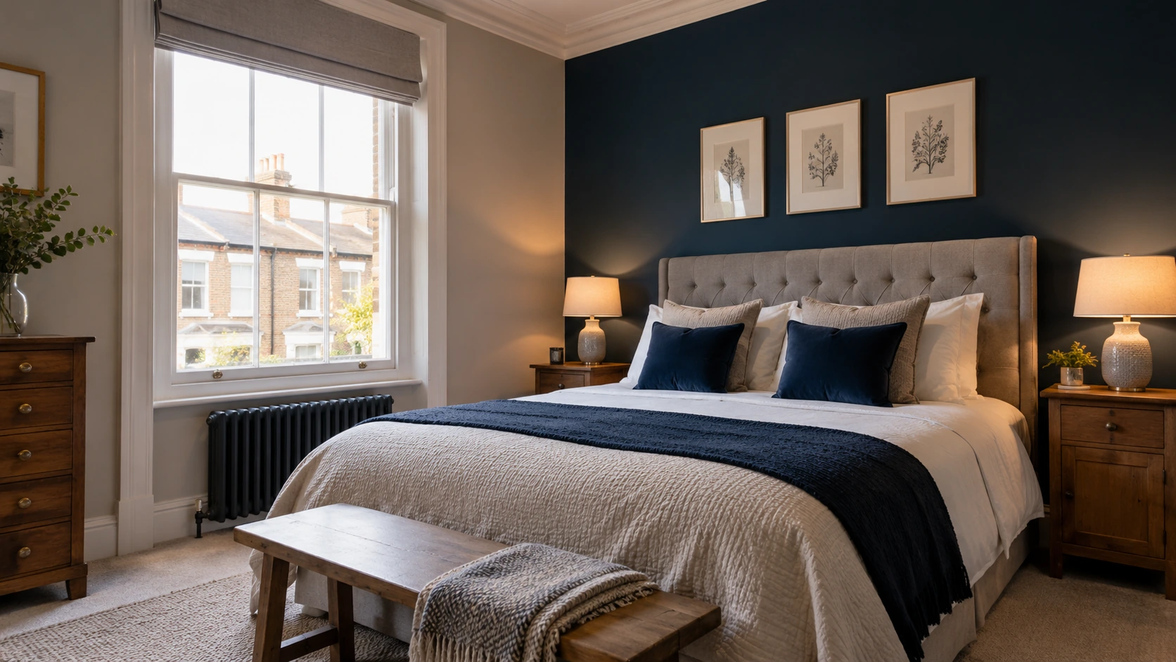 Deep-blue bedroom feature wall